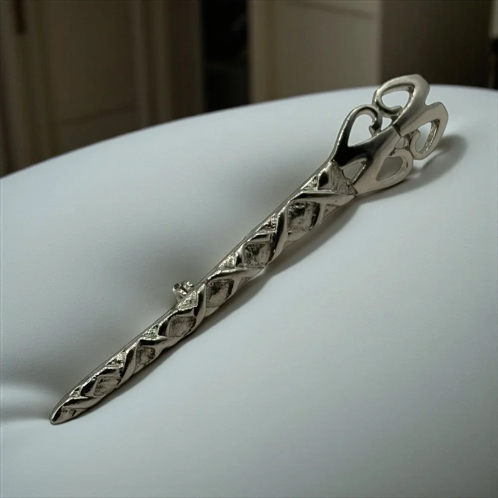 Vintage Art Nouveau Revival Bar Brooch‎ Ornate Silver Tone Textured Open Work